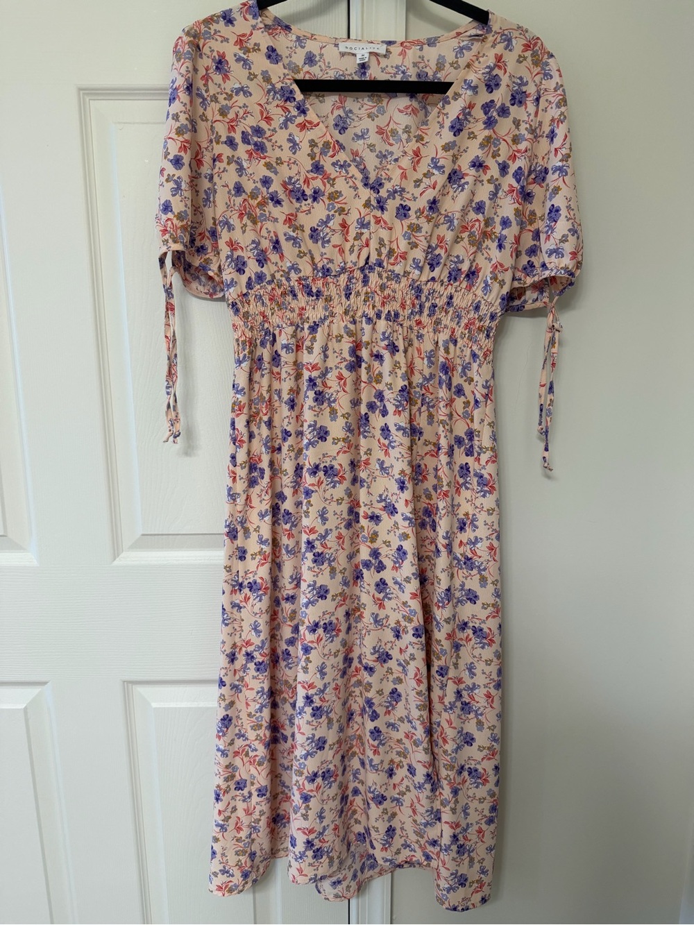 Socialite Peach Floral Midi Dress with Purple & Coral Blossoms